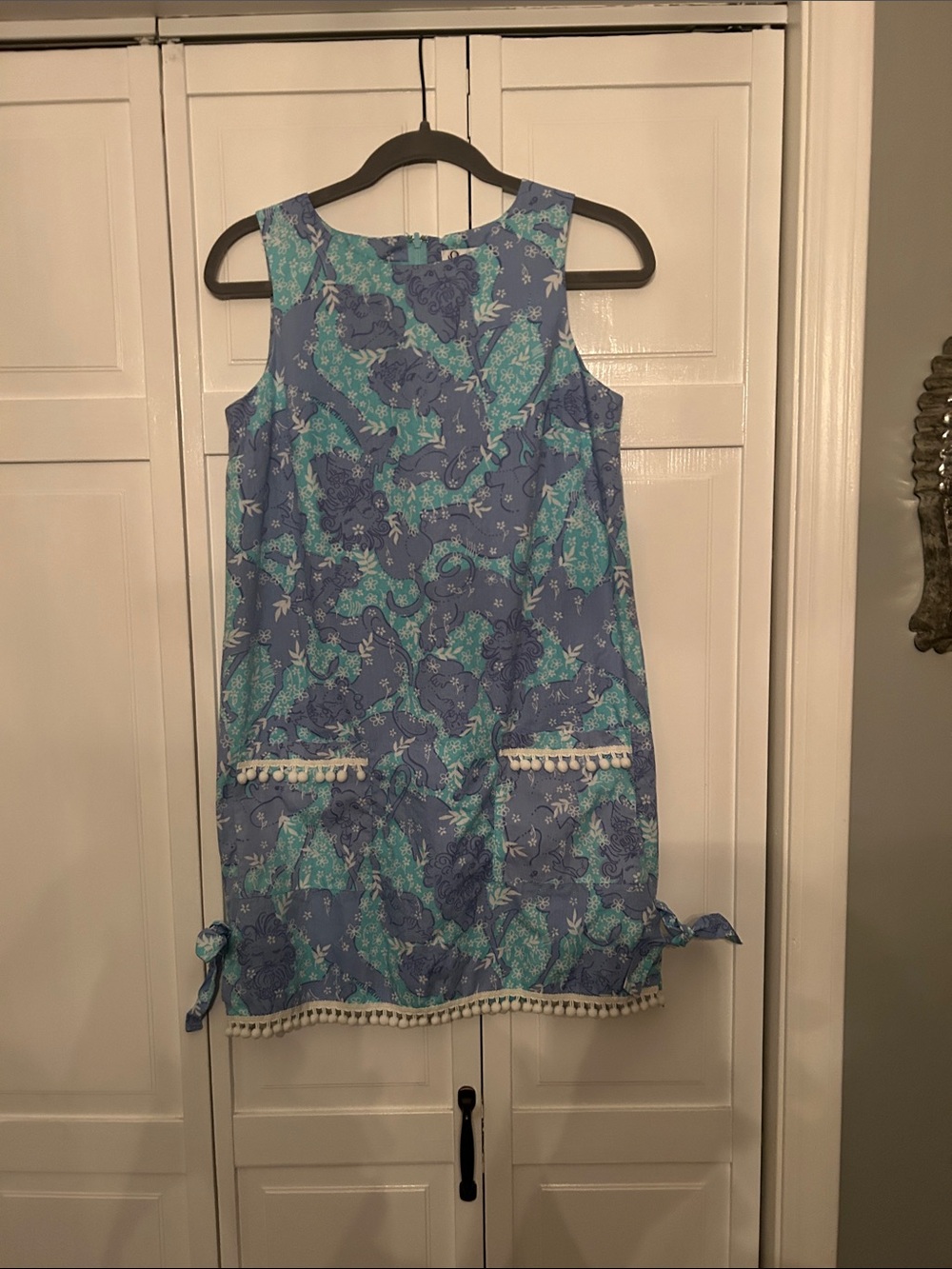 Lilly Pulitzer Blue lined Aqua Floral Shift Dress with Pom Pom Trim